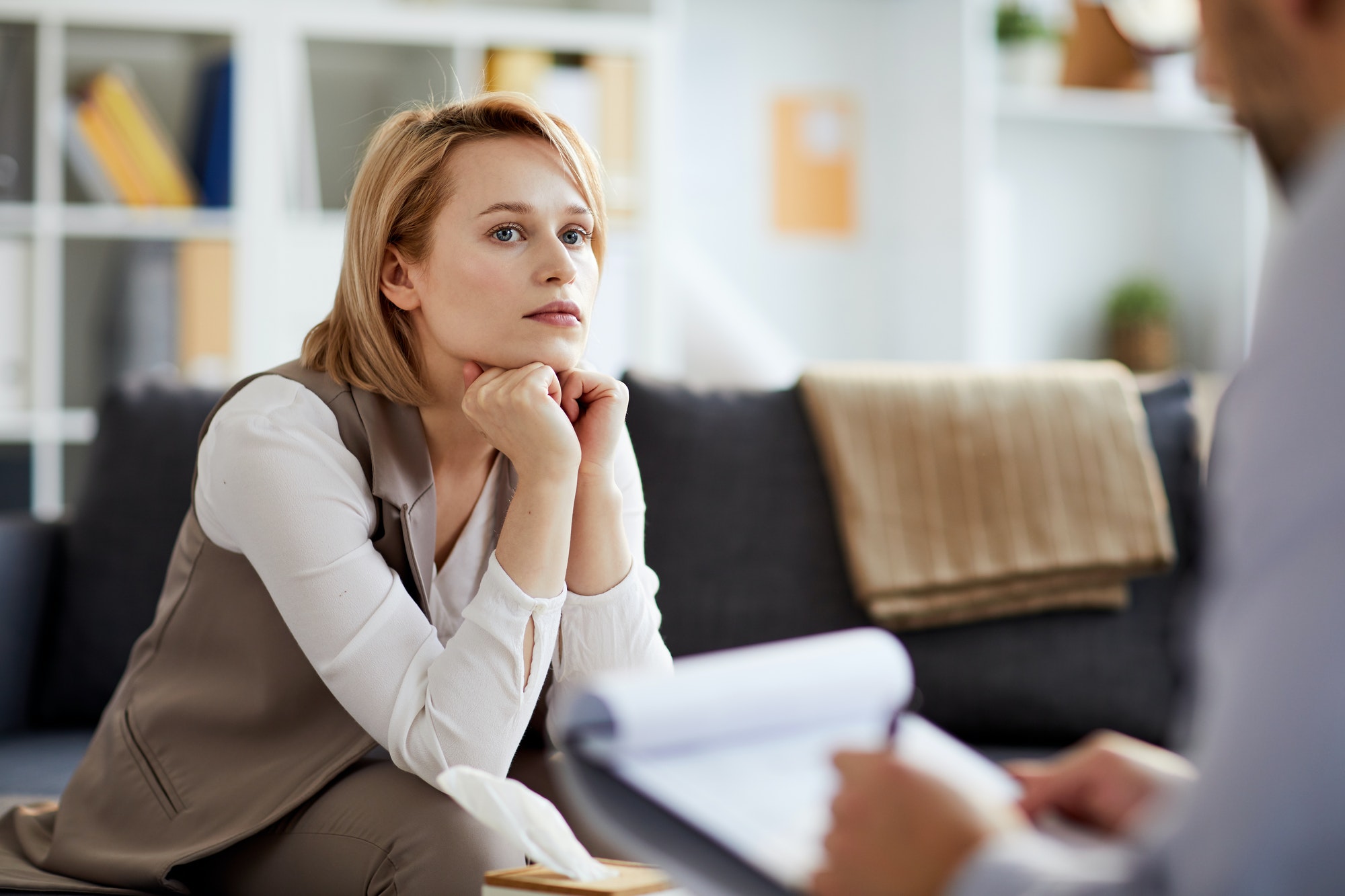 woman alone at marriage counselor's office